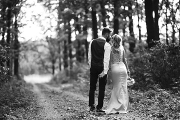 Fototapeta premium Sensual Black and white foto of bride and groom. Stylish couple of happy newlyweds posing in the park on their wedding day. Handsome bearded groom admires and kisses pretty bride. Together.