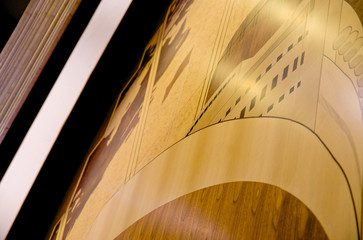 Detail of wooden and beautiful Artdeco Art Deco inlaid wood mural on classic Cunard ocean liner...