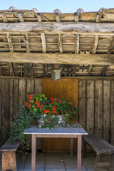 Fototapeta na wymiar Red flowers on a wooden table