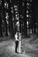 Fototapeta premium Sensual Black and white foto of bride and groom. Stylish couple of happy newlyweds posing in the park on their wedding day. Handsome bearded groom admires and kisses pretty bride. Together.