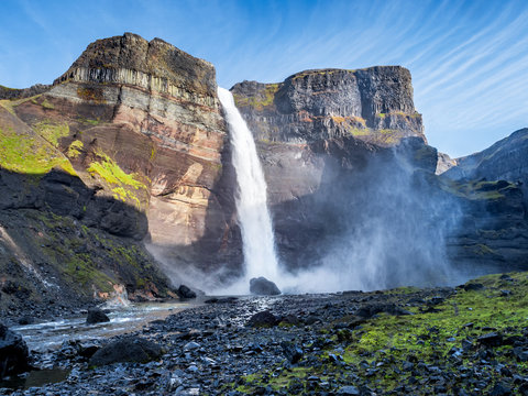 View of the landscape of the Haifoss waterfall in Iceland.  Nature and adventure concept background.