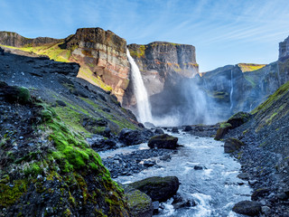 View of the landscape of the Haifoss waterfall in Iceland.  Nature and adventure concept background.