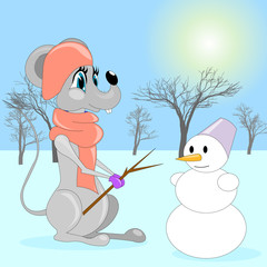 Vector cartoon mouse with snowman. Symbol of 2020