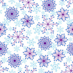 Beautiful vector seamless pattern with hand drawn blue and violet snowflakes on white background. Charming Christmas design for textile, fabric, surfaces and paper wrap. Abstract winter flowers.