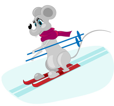 Vector cartoon skiing mouse. Symbol of 2020