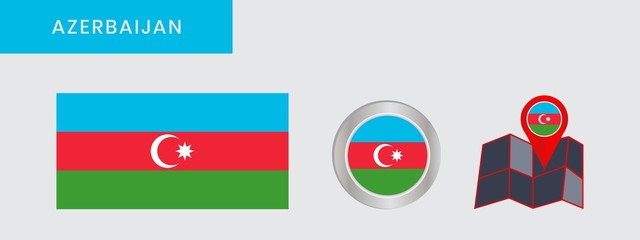 The horizontal three-color flag of Azerbaijan is isolated in official colors (blue, red and green), there are white crescent moons and octagonal stars, map pins, like the original