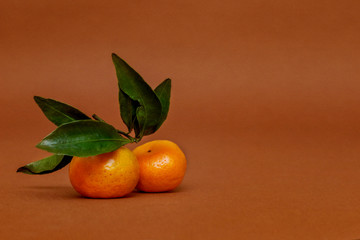 Bright orange tangerines with leaves of brown Kraft paper. New year's menu for vegetarians and children. 