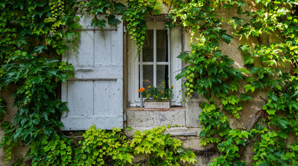 Fototapeta na wymiar Wall is full of vegetation green color. Plant lush green colors. Green wall, eco friendly vertical garden. Old wall with ivy as background. Vintage window with white shutter on green wall.