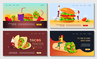 Set of web page design templates for fast food, cooking, cafe and restaurant menu, food ordering, junk food. Burger, Kebab, Tacos. Vector illustration perfect for banner, poster, website.