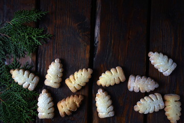 Christmas cookies and twigs of thuja on a dark wooden table