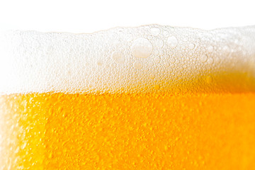 Light Beer with Bubbles and Foam Background on White. Beer Bubbles Texture Close Up