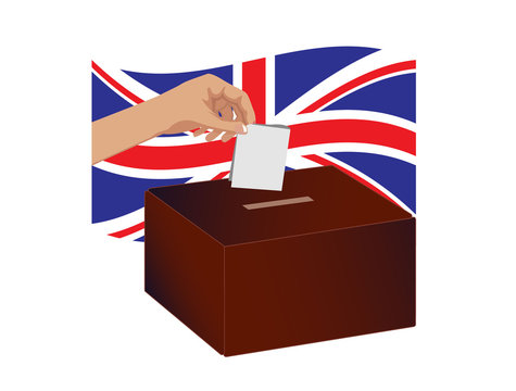 Vector image of  a hand placing a voting slip in a ballot box, with a Union Jack, the UK flag in the background