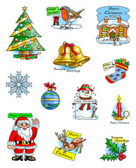 Christmas symbols: robin, christmas tree, cottage, bells, snowflake, bauble, snowman, stocking, santa, reindeer, holly, candle.