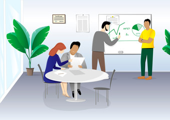 people sitting at a table in the office and discussing a business plan, horizontal vector illustration