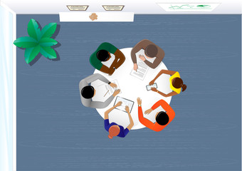 top view people sitting at the table in the office and discussing a business plan, plant, horizontal vector illustration in blue colors