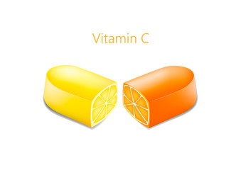 two halves of a pill with an orange and lemon in a cut, vitamin c concept, horizontal vector illustration isolated on a white background