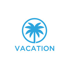 Vacation logo design template. Green palm inn seaside. The concept for travel agency, tropical resort, beach hotel, spa. Summer vacation symbol.