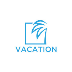 Fototapeta na wymiar Vacation logo design template. Green palm inn seaside. The concept for travel agency, tropical resort, beach hotel, spa. Summer vacation symbol.