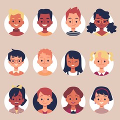 Flat cartoon children portrait icon set inside round frames