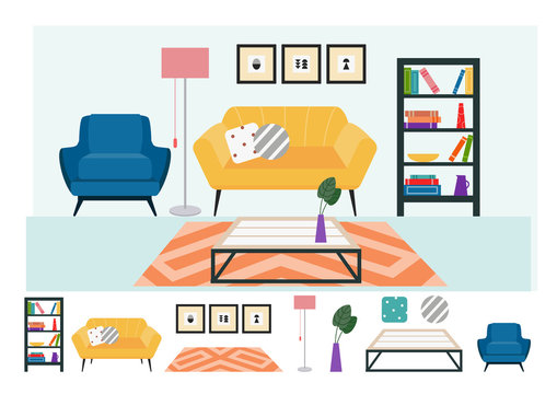 Living Room Furniture And Decoration Set Of Flat Vector Illustration Isolated.