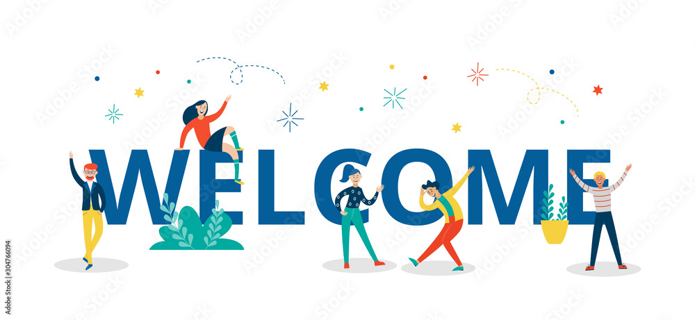 Wall mural welcome colorful letters with people characters flat vector illustration isolated.