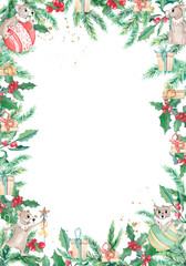 Watercolor Christmas banner with winter branches and cute mouse. Design New Year illustration for greeting cards, frames, invitations templates.