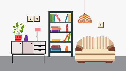 Living room with sofa and bookshelves retro interior, flat vector illustration.