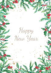 Watercolor Christmas banner with winter branches and red berries. Design New Year illustration for greeting cards, frames, invitations templates.