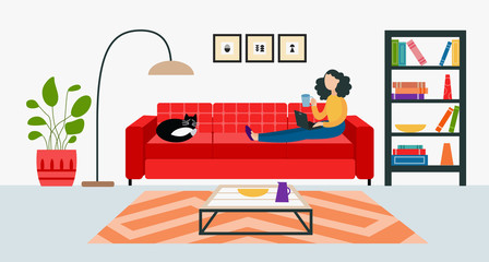 Young girl or woman cartoon character sitting on sofa flat vector illustration isolated.