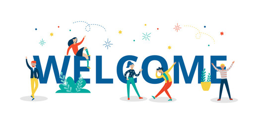 Welcome colorful letters with people characters flat vector illustration isolated.