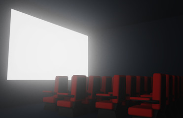 Cinema hall with red comfortable seats and a bright white large screen