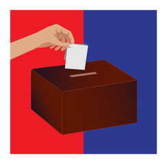 Vector image of  a hand placing a voting slip in a ballot box, with a red and blue background