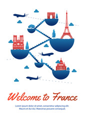 France top famous landmark silhouette style on float island connect link with stair,national flag color red and blue design,travel and tourism,vector illustration