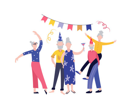 Elderly senior people birthday party, flat cartoon vector illustration isolated.