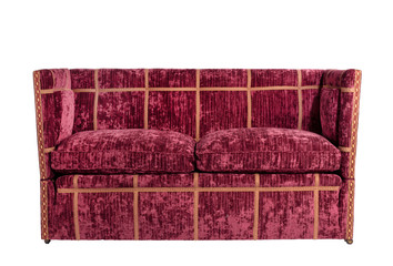 Old red upholstered couch sofa isolated on white