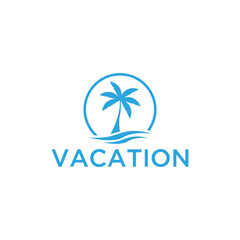 Vacation logo design template. Green palm inn seaside. The concept for travel agency, tropical resort, beach hotel, spa. Summer vacation symbol.