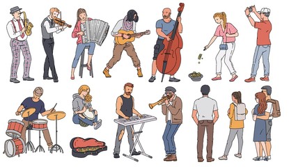Street musician characters play music set of sketch vector illustration isolated.