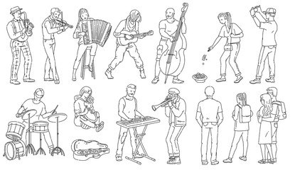 Street musician characters, doodle outline vector illustrations set isolated.