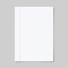 Realistic blank lined paper sheet with shadow in A4 format isolated on gray background. Notebook or book page. Design template or mockup. Vector illustration.