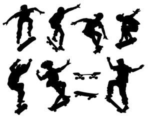 Fototapeta na wymiar Skateboarders perform tricks black silhouette vector illustrations set isolated.