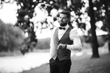 Black and white portrait of confident handsome man in black suit with bowtie posing in the park. Luxury groom in suit. Businessman. Happy smiling groom newlywed. Rich man at wedding day. 