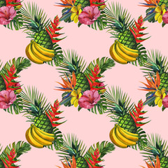 Watercolour pattern with tropical palm leaves, bananas, pineapples, and flowers. Seamless pattern, summer background