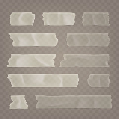 Realistic transparent adhesive tape set. Sticky scotch, duct paper strips on checkered background. Vector illustration.