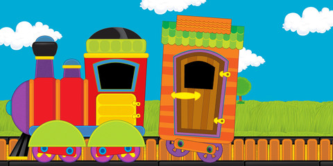 Cartoon funny looking steam train going through the meadow - illustration for children
