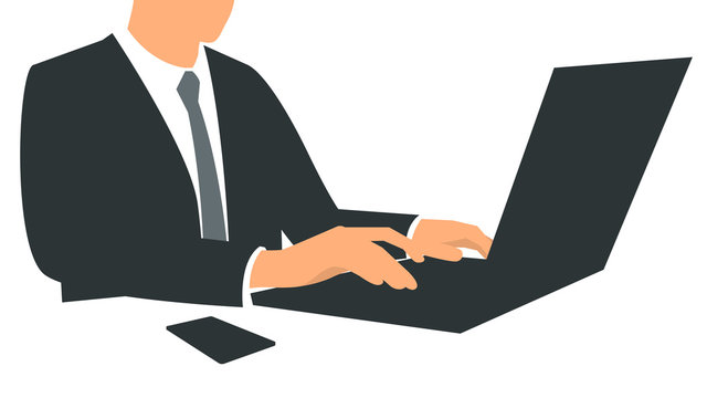 Vector illustration of a businessman sits in the office and works at a laptop. Poster with text placeholder and description