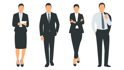Set of vector illustration of a group of successful and beautiful businesswomen and businessmen standing in a suit. Poster with text placeholder and description