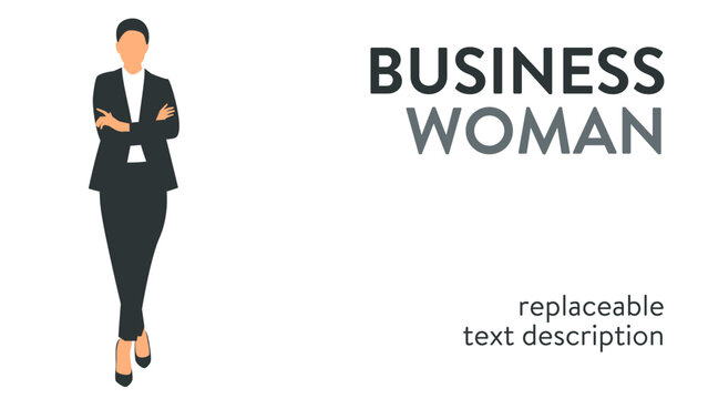 Vector illustration of a successful and beautiful businesswoman in a suit standing with arms crossed. Poster with text placeholder and description