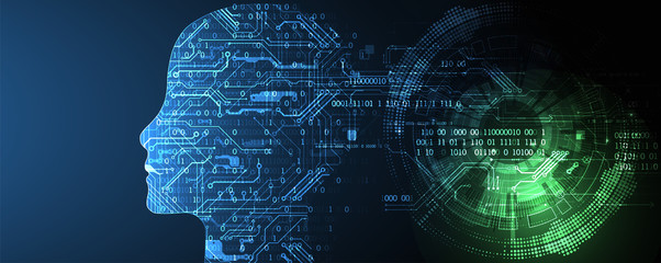 Artificial intelligence (AI) and big data concept. Machine cyber mind.  Humen face with binary data flow. Technology vector background.
