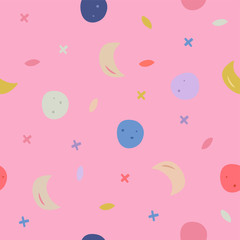 Stars, Moon, planets, space. Cute arty seamless pattern, wallpaper, wrapping paper. Galaxy design element. Lovely pastel colors, children's style quirky simple shapes. Hand drawn fabric, nursery decor