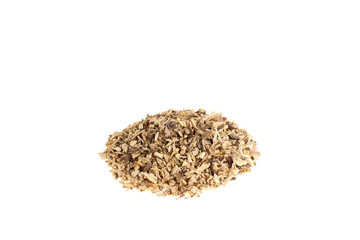 Pile of dried Ononis, Ononis spinosa L shredded roots isolated on white background.